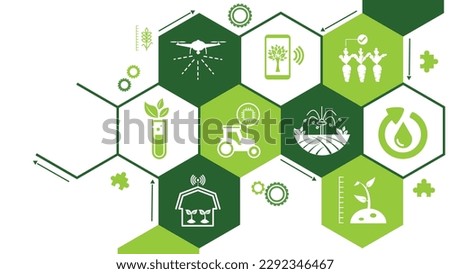 smart farm or agritech vector illustration. Banner with connected icons related to smart agriculture technology, digital iot farming methods and farm automation.  Royalty-Free Stock Photo #2292346467