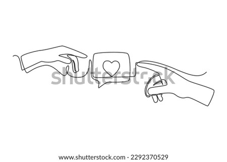 Single one line drawing hands sharing love on social media. Social media concept. Continuous line draw design graphic vector illustration.