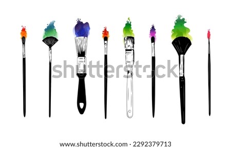 Artist paintbrush, watercolor brush art. Hand drawn bright paint and palette, oil painter, color tassel for students work. Black drawing stationery. Vector tidy isolated illustration set