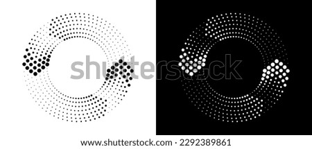 Circle abstract background  with dynamic halftone dots like arrows. Black shape on a white background and the same white shape on the black side.