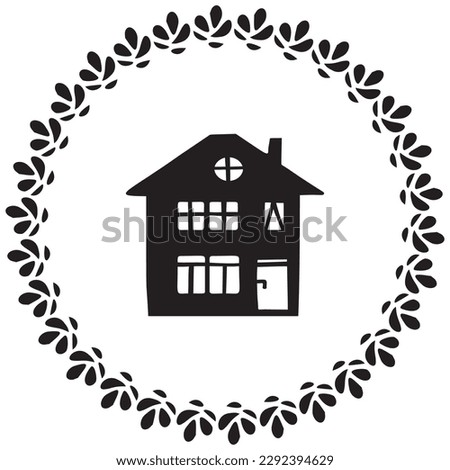 Cute rustic cottage motif in vintage style frame. Vector illustration of whimsical rural country house. 