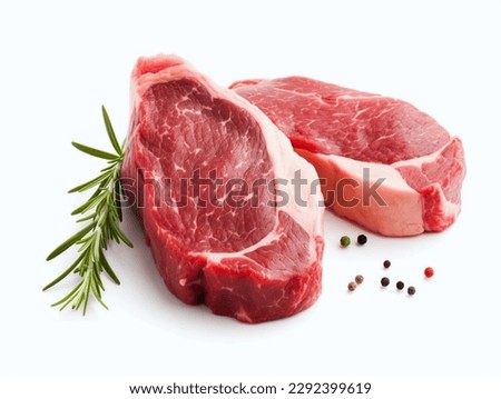 Raw beef steak with rosemary and peppercorns on white background