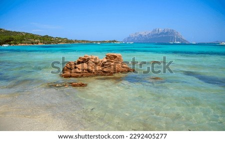 Turquoise translucent and shallow waters on the beach of Porto Istana near Olbia on the Costa Smeralda ("Emerald Coast") in Sardinia - View over the island of Tavolara in the Mediterranean Sea Royalty-Free Stock Photo #2292405277