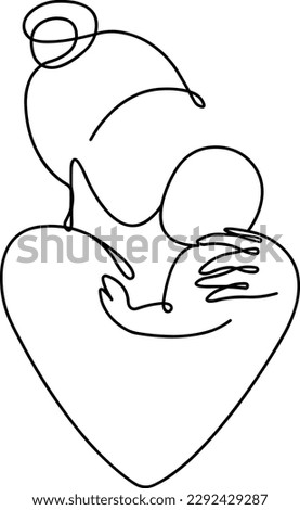 Vector illustration (sketch), one-line silhouette, without background (picture) - a mother with a child in her arms. The emotion of motherhood and love for a child