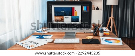 Panorama shot of creative various color palette idea arranged neatly display on computer screen for graphic designer workspace. Color swatches and selection for unique digital art design. Scrutinize Royalty-Free Stock Photo #2292445205