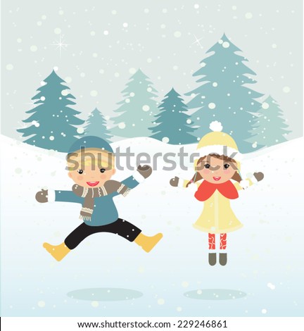 Happy kids playing. Can be used for retro christmas card. Vector illustration.