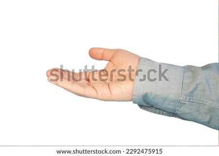 Man's hand in shirt begs to something isolated on white background. Palm up, close up. gesture of begging with hand.