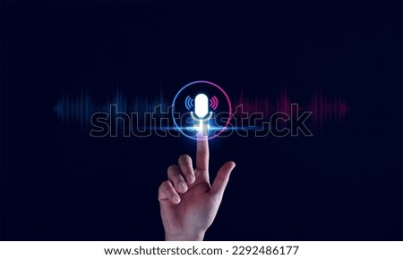 Voice recording. Man touching microphone icon on smart phone. Mobile application Record sound, audio, music, voice message. or Use your voice to direct AI to search for information on Internet. Royalty-Free Stock Photo #2292486177