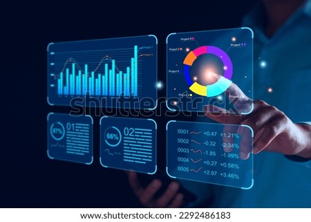 Data analyst working on business analytics dashboard with charts, metrics and KPI to analyze performance and create insight reports and strategic decisions for operations management on virtual screen. Royalty-Free Stock Photo #2292486183