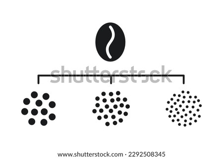 Coffee grain grind size. Ground coffee beans. Fine, medium, coarse grinding degree icons. Vector illustration isolated on white background.