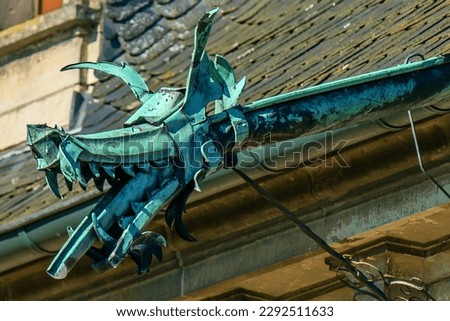 this dragon head is mounted as a gargoyle high up on the tower of raesfeld castle.                            