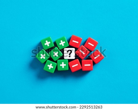 Pros and cons concept. Evaluation or analysis of advantages and disadvantages. Possible profit and losses. Plus, minus and question mark symbols on cubes. Royalty-Free Stock Photo #2292513263