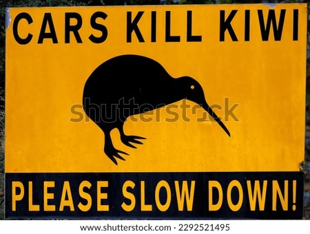 A common road sign on the roads of New Zealand warning drivers about the presence of Kiwi birds