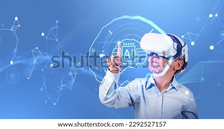 Child in vr glasses, finger touching glowing digital AI brain hud hologram, chip and digital lines. Concept of artificial intelligence, machine learning and education Royalty-Free Stock Photo #2292527157