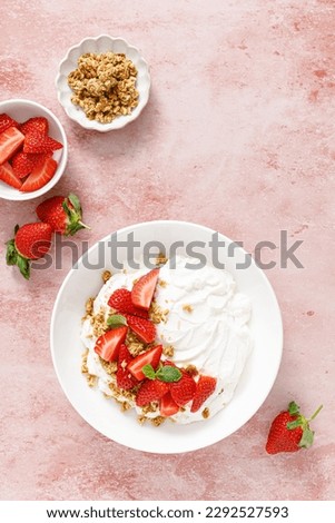 Yogurt with strawberry. Plain white greek yogurt with fresh berries and granola. Healthy food, breakfast. Top view