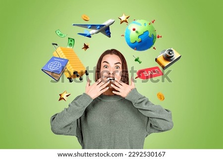 Astonished and happy woman portrait with hands on mouth, different travel icons on green background. Suitcase, airplane, camera and earth globe. Concept of trip to dream