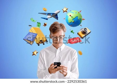 Happy businessman looking at smartphone in hands, using mobile app or website to order tickets, online booking and planning a business journey. Concept of official trip and vacation
