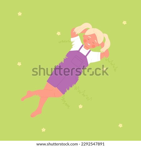 Happy cute blondy girl lying on carpet grass in park or garden, top view vector illustration. Childhood top view concept