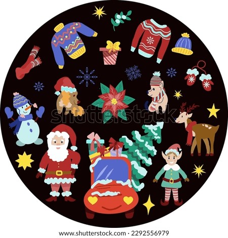 Christmas set of  cute elements for design, characters. Santa Claus, elf, deer, snowman, dogs dressed for Christmas. Round illustration in a flat cartoon style