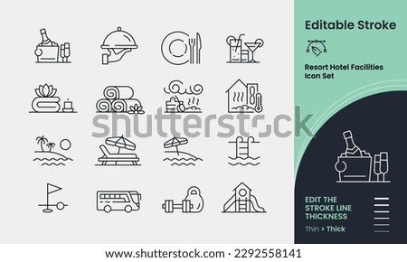 Resort Hotel Facilities Icon collection containing 16 editable stroke icons. Perfect for logos, stats and infographics. Change the thickness of the line in any vector capable app. Royalty-Free Stock Photo #2292558141
