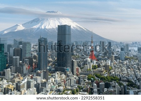 View point of Tokyo city with Tokyo tower building and Fujiyama mountain background from top of observation building, Tokyo city, Japan