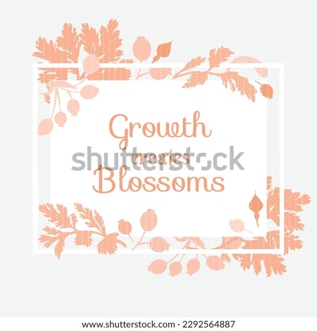 Flower silhouettes are put on a square frame on a light grey background. Frame made from the Chamomile, Dog rose, and Calendula plant parts, and decorated with dotted lines.