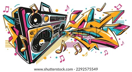 Musical boom box tape recorder  with colorful funky graffiti arrows and notes Royalty-Free Stock Photo #2292575549