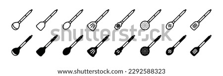 Kitchen utensils icons vector set in line  and flat style. Cooking tools icon collection on white background with editable stroke. Vector illustration