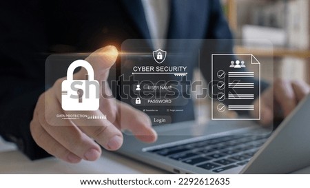 Protect personal data concept.Login username and password botton and lock icon to secured protecting personal data on laptop in cyberspace.Cybersecurity and privacy, cyber security, internet access.