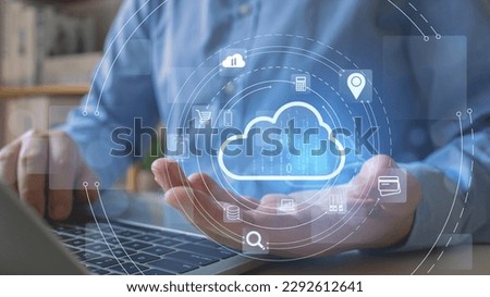 Cloud computing and database information technology server.Businessman hosting cloud storage for backup personal data and device network.dowload, upload document file system in global cloud computing. Royalty-Free Stock Photo #2292612641