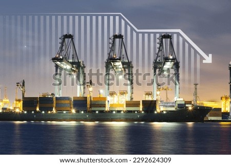 Cargo ship, cargo container work with crane at dock, port or harbour. Freight transport with drop arrow, decrease graph or bar chart. Concept of business, import export, market, trade, demand, supply