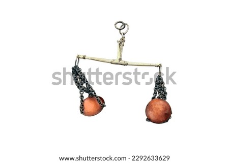 Ancient scales for weighing coins and other valuables, isolated on a white background. Hand retro scales made of copper to check the weight of money and gold sand