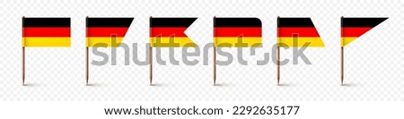 Realistic various German toothpick flags. Souvenir from Germany. Wooden toothpicks with paper flag. Location mark, map pointer. Blank mockup for advertising and promotions. Vector illustration Royalty-Free Stock Photo #2292635177