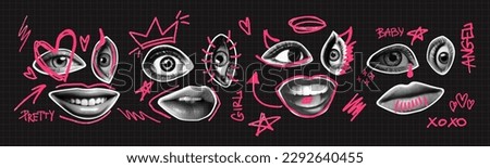 Woman lips and eyes as retro halftone collage elements with girly doodles for mixed media design. Cutout magazine shapes, girl faces in dotted pop art style. Vector illustration, grunge punk crazy art Royalty-Free Stock Photo #2292640455