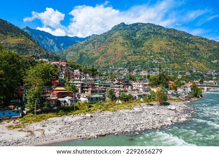 Beas river near Kullu town aerial panoramic landscape, Kullu valley in Himachal Pradesh state in India Royalty-Free Stock Photo #2292656279