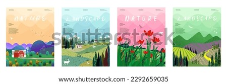 Nature and landscape. Vector illustration of mountains, Trees, plants, fields and farms. Editable work for cover or card designs. Royalty-Free Stock Photo #2292659035