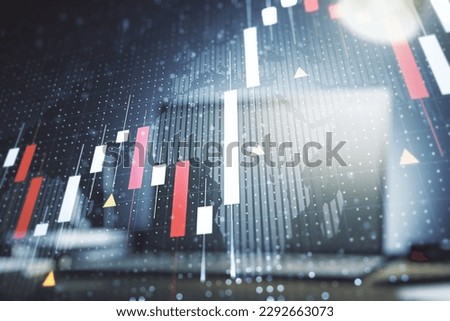 Abstract creative financial graph with world map on modern computer background, financial and trading concept. Multiexposure Royalty-Free Stock Photo #2292663073