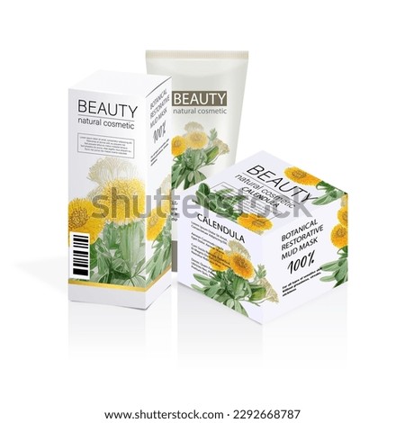 Design of the cosmetic packaging template. Cut. Cosmetic cream mask with calendula in a closed box. Realistic 3D model.