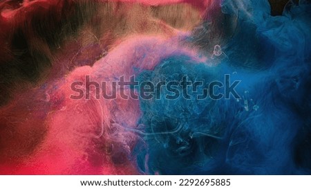 Paint water. Color mist. Magic spell mystery. Blue pink contrast vapor floating splash cloud blend on dark black abstract art background.