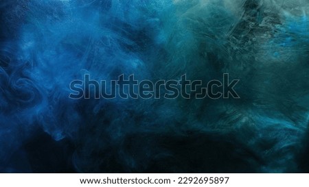 Color mist. Ink water. Haze texture. Fantasy night sky. Blue green shiny glitter steam cloud blend on dark black abstract art background. Royalty-Free Stock Photo #2292695897