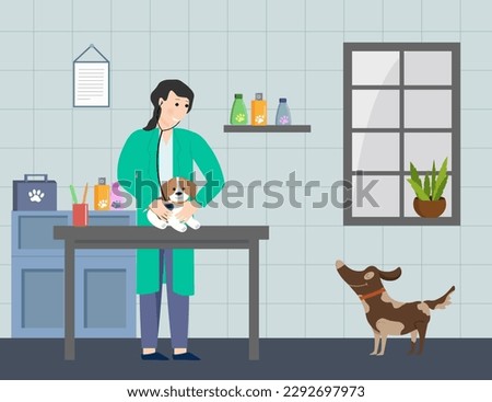 The veterinarian examines the puppy. Reception at the doctors office. Vector illustration. People and animals. For flyers, covers, advertising, posters, veterinary clinics and shops, volunteer