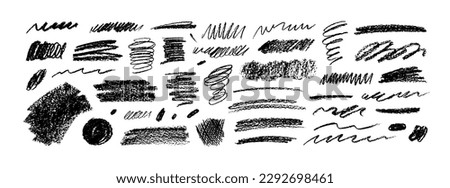 Charcoal pencil curly lines, squiggles and shapes. Grunge pen scribbles collection. Hand drawn vector pencil lines and doodles. Black charcoal or chalk drawing. Rough crayon strokes.