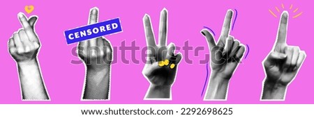 Trendy collage hands set. Hand gestures. Retro halftone crazy style. Contemporary vector illustration.