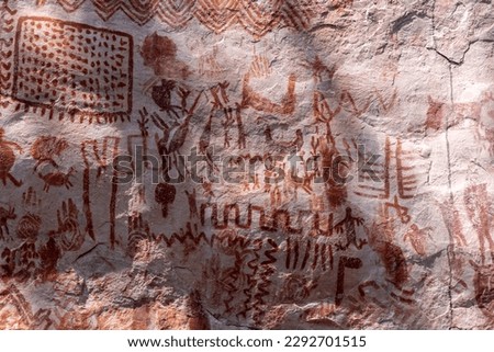 Rock paintings in Cerro Azul in the Chiribiquete National Park, a UNESCO world heritage site and an archeological jewel of Colombia, located in San José del Guaviare in the Serranía de la Lindosa Royalty-Free Stock Photo #2292701515