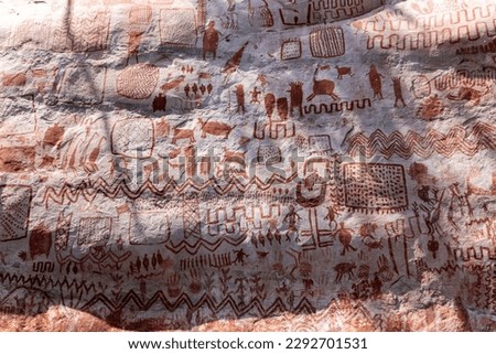 Rock paintings in Cerro Azul in the Chiribiquete National Park, a UNESCO world heritage site and an archeological jewel of Colombia, located in San José del Guaviare in the Serranía de la Lindosa Royalty-Free Stock Photo #2292701531