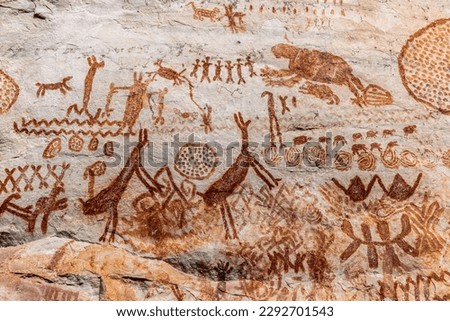 Rock paintings in Cerro Azul in the Chiribiquete National Park, a UNESCO world heritage site and an archeological jewel of Colombia, located in San José del Guaviare in the Serranía de la Lindosa Royalty-Free Stock Photo #2292701543