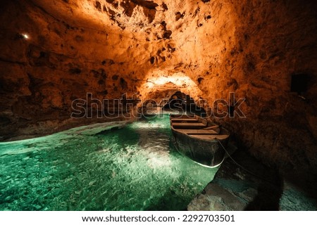 Underground Lake.. Cave of Tapolca, Hungary near Balaton lake. System of underground caves situated in the heart of the city. Boat trip