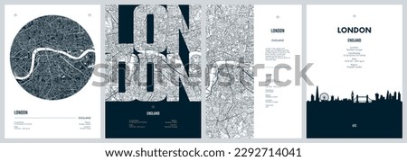 Set of travel posters with London, detailed silhouette city skyline and urban street plan city map, vector artwork Royalty-Free Stock Photo #2292714041