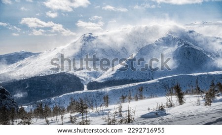 The massive snow covered mount Albert from the distance on a cold winter day, Gaspesie, QC, Canada Royalty-Free Stock Photo #2292716955