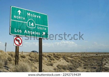 Interstate Highway Street Sign in Southern California's desert leading towards Los Angeles and Mojave
